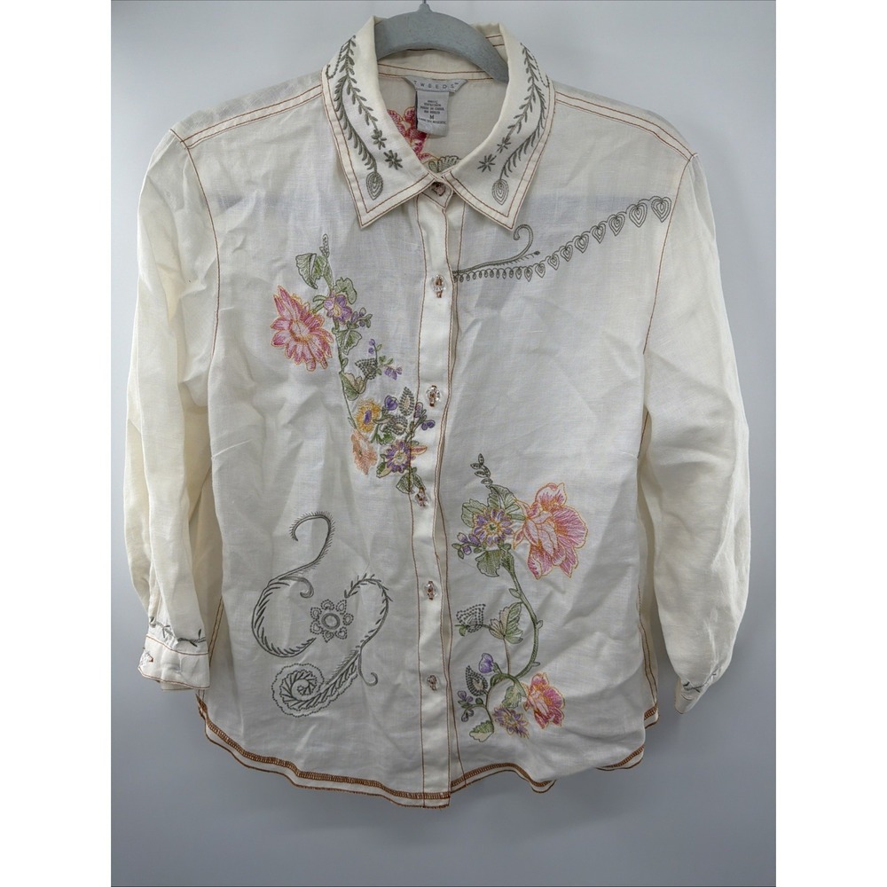Tweeds Linen Button Down Top Floral Embroidered Long Sleeve Western Medium Boho
